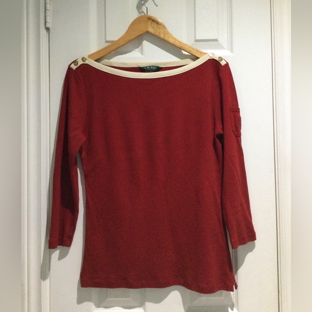 Lauren Ralph Lauren Women’s Red and Cream Long Sleeve Top - Picture 2 of 7